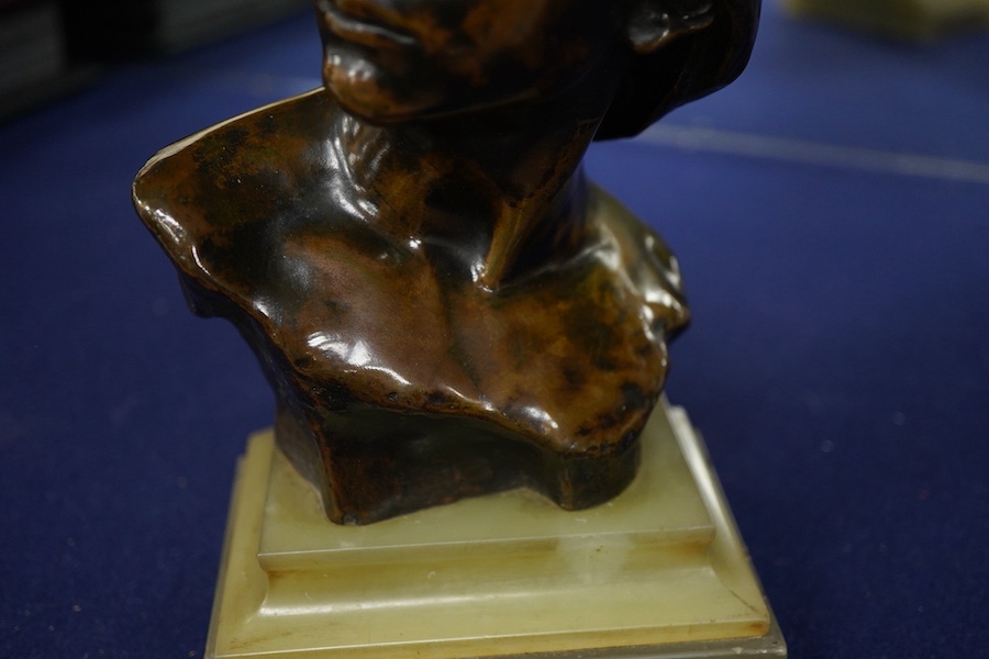 Jean-Antoine Injalbert (1845-1933) - patinated bronze portrait bust, on green onyx base, 20cm